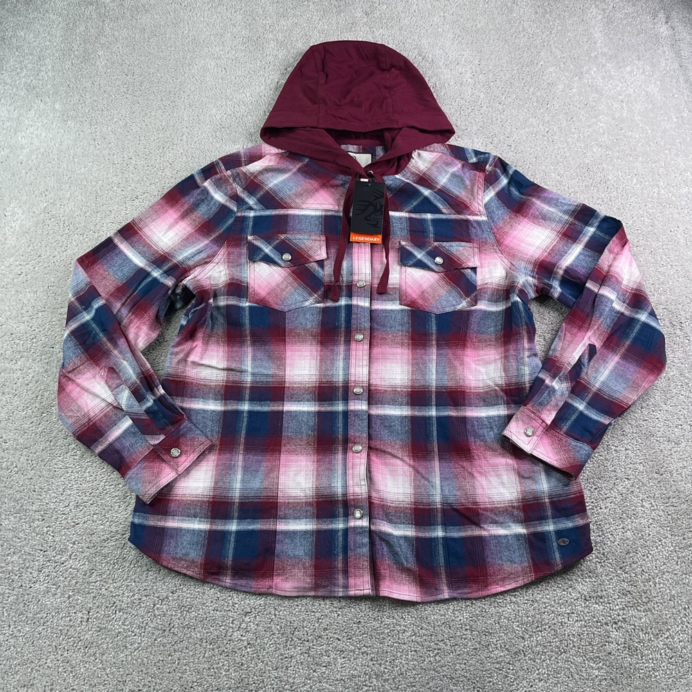 NEW Legendary Whitetails Flannel Shirt Womens XL Pink Plaid Hooded Lumber Jane